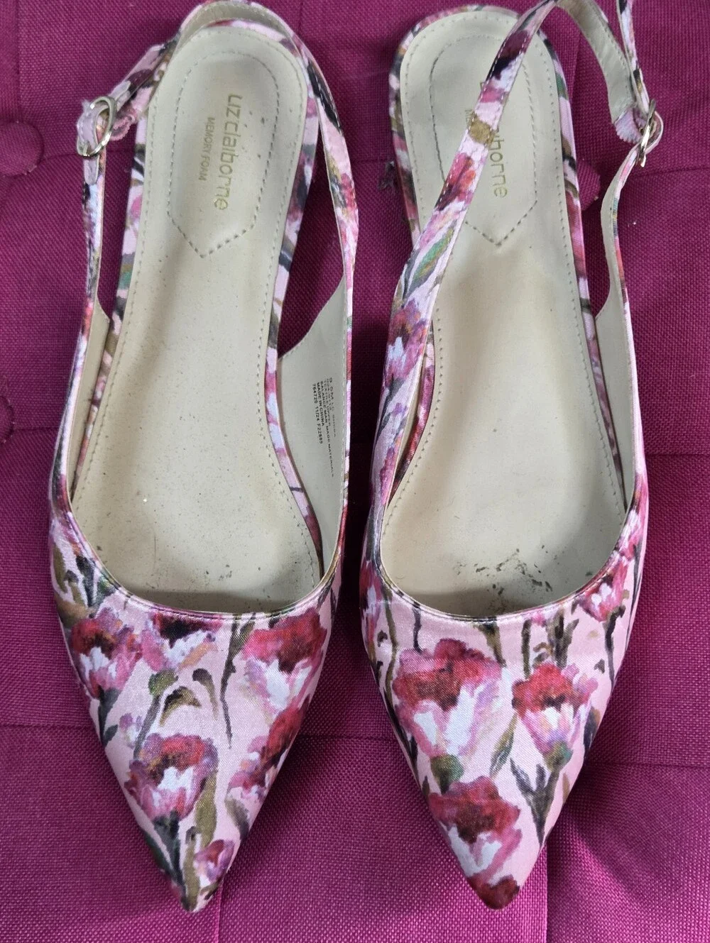 Liz Claiborne Pink and Red Floral Pointed-Toe Slingback Flats